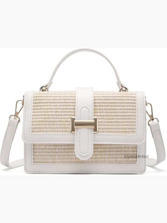 Handbags - Small Straw Crossbody Bag with Top Handle Woven Patchwork Purse Wedding Beach